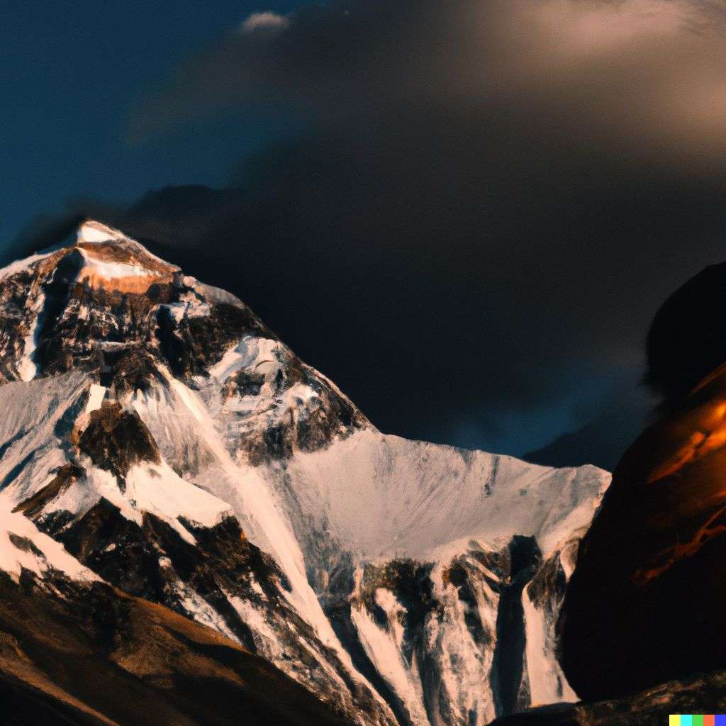 someone gazing at Mount Everest, photograph, golden hour lighting
